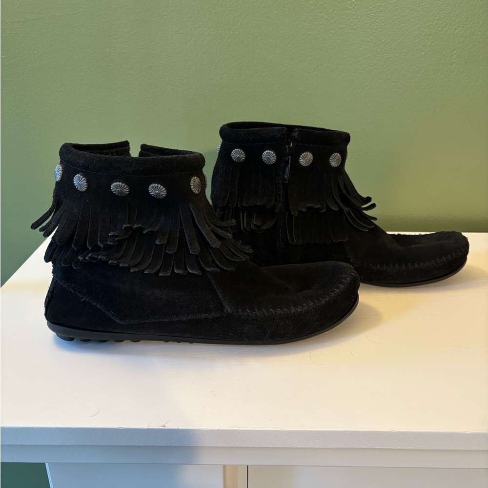 Minnetonka Black Suede Fringe Ankle Boots